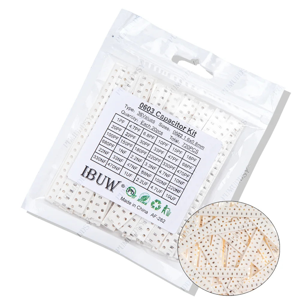 Kit Surtido Capacitor SMD (0603/0805/1206, 1pF-1uF, Varios Formatos: 16/36/50 Valores, 320/720/2500 Piezas)