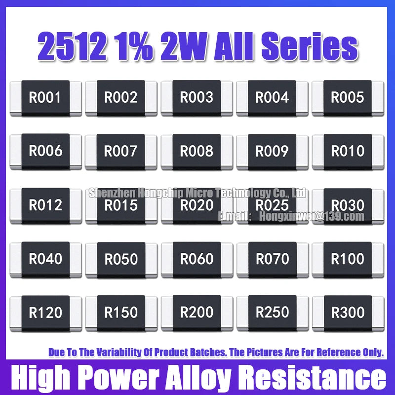 Resistencia Aleación SMD 2512 2W - Varios Valores Bajos (R001 a R300) 6.4x3.2mm - Lote 20 Piezas