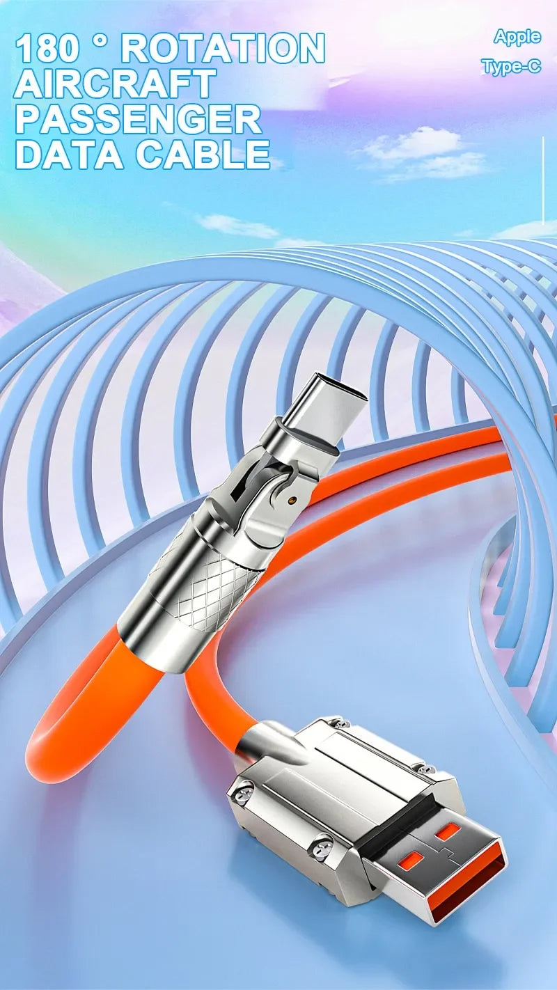 Cable Datos Silicona Grueso/Alargado Tipo C 120W 6A Carga Ultra Rápida con Rotación 180° para Huawei/Samsung/Xiaomi