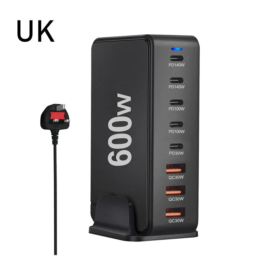 Cargador Escritorio GaN 600W PD3.1 Multifunción 28V/5A USB-C Adaptador US/EU/UK/AU Ahorro Energía