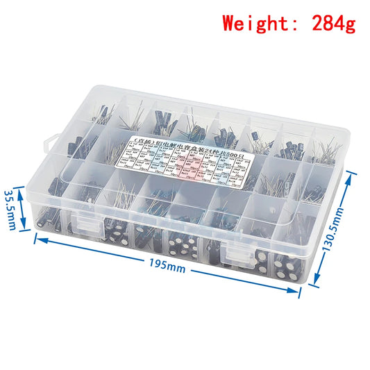 Kit Surtido Capacitores Electrolíticos Aluminio 24 Valores (0.1uF-1000uF, 10-50V) con Caja Almacenamiento (500 Piezas/Lote)