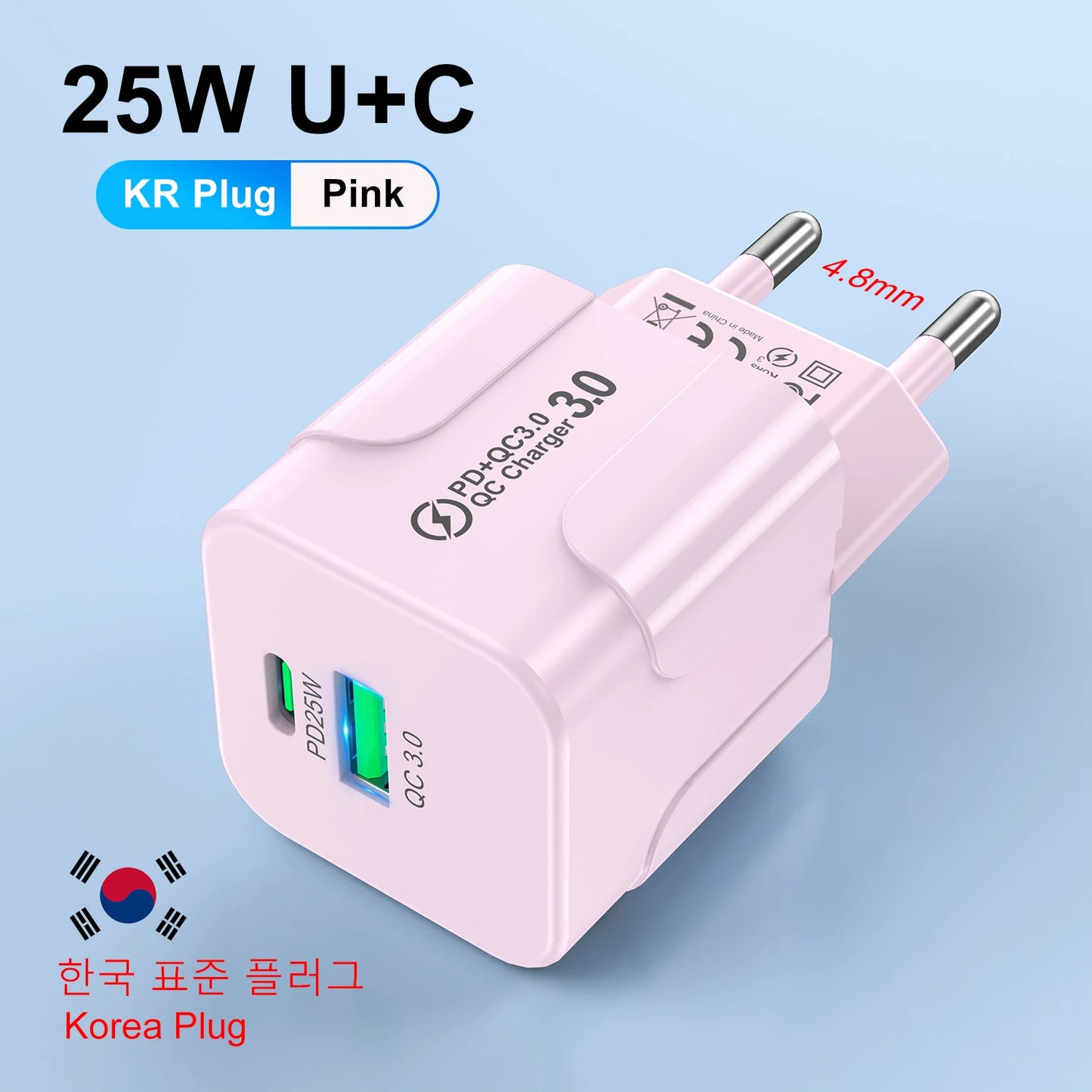 Cargador Pared Rápido PD 25W USB Tipo C (Enchufe Coreano KR) para iPhone 15 Pro Max