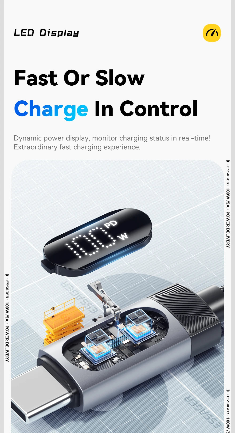 Cable Essager USB-C a Tipo C PD 100W Carga Rápida con Pantalla Digital para iPhone 15/16/Xiaomi/Huawei/Macbook/iPad