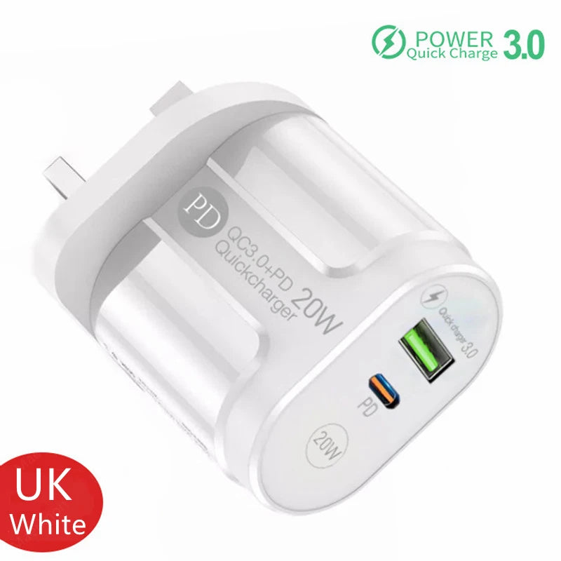 Cargador USB Doble Puerto (Quick Charge 3.0, PD 20W Tipo C) Adaptador Carga Rápida para iPhone 13/12Pro/Huawei/Xiaomi/Samsung