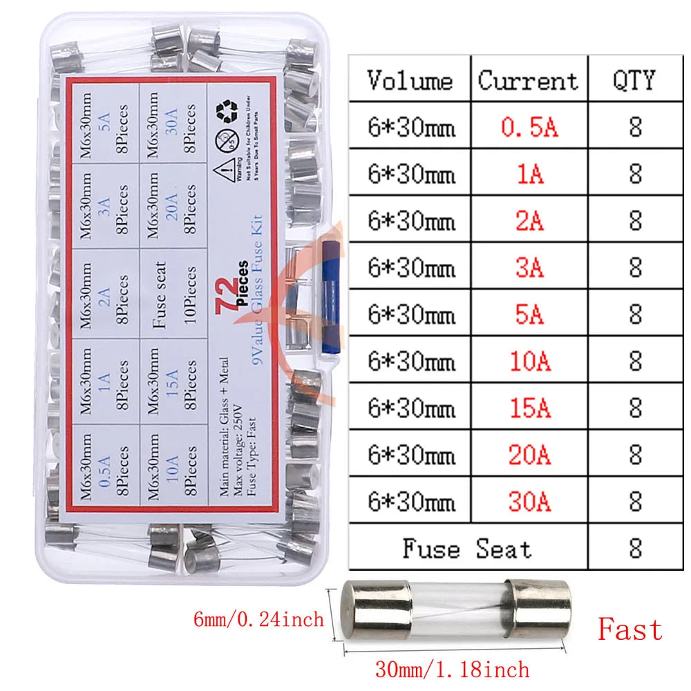 12V-250V Slow Fast Glass Fuse With Lead Wire Mix kit 0.1A 0.25A 0.5A 1A 2A 2.5A 3A 3.15A 4A 5A 6A 6.3A 8A 10A 15A 16A 20A 30A