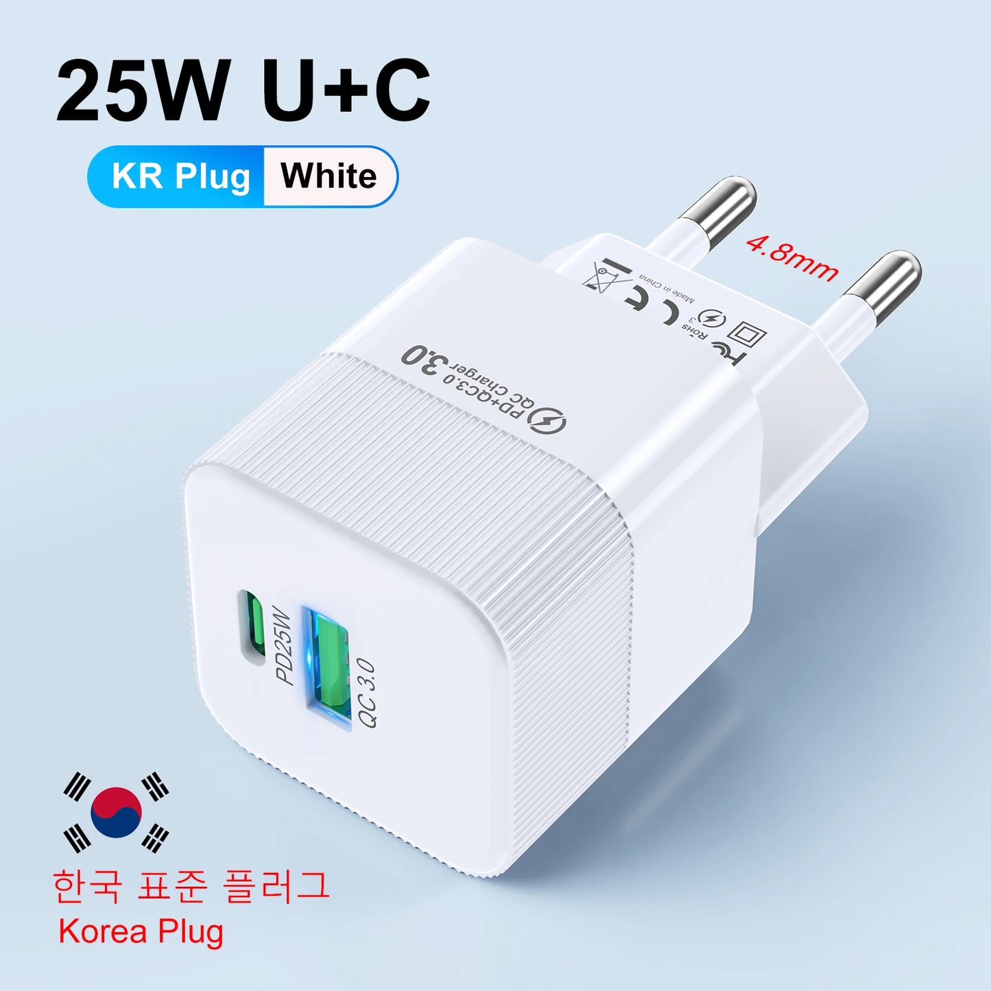 Cargador Pared Rápido PD 25W USB Tipo C (Enchufe Coreano KR) para iPhone 15 Pro Max