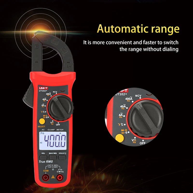 Pinza Amperimétrica Digital UNI-T UT204+ / UT202A+ (600A AC) - Tester Eléctrico Profesional True RMS, NCV, Auto Rango