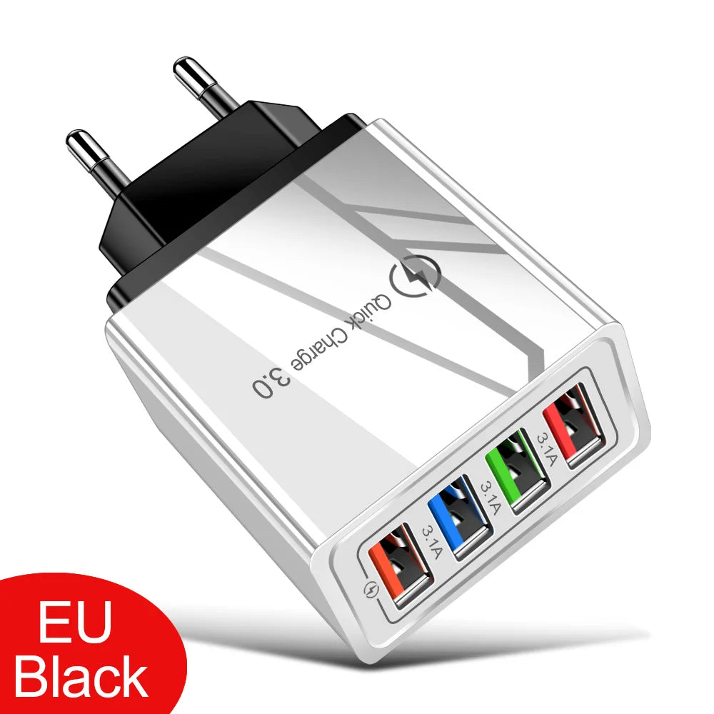 Cargador Pared USB 4 Puertos Quick Charge 3.0 Carga Rápida para iPhone 15/14/Samsung/Xiaomi (Enchufe EU/US)