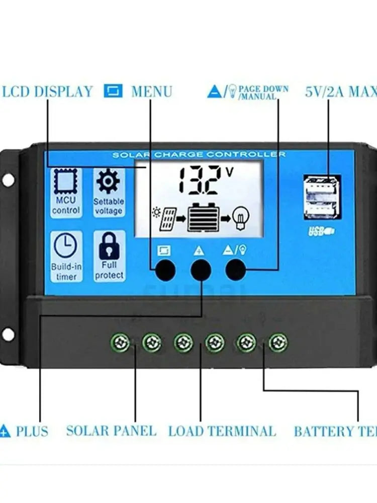 Controlador Carga Solar PWM 30A/50A/60A 12V/24V Auto LCD Dual USB 5V Regulador Panel Batería