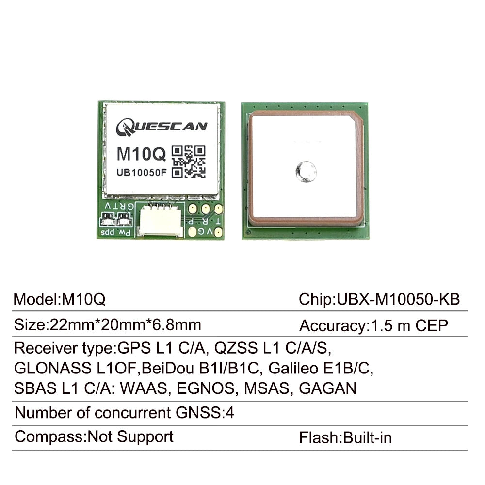 Módulo GNSS GPS QUESCAN M10Q (UBX-M10050-KB) con Antena (GPS/GLONASS/Galileo/BeiDou, NMEA, 1-25Hz, 22x20mm)