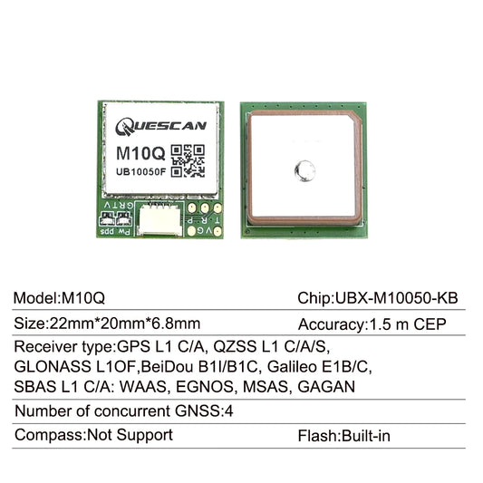 Módulo GNSS GPS QUESCAN M10Q (UBX-M10050-KB) con Antena (GPS/GLONASS/Galileo/BeiDou, NMEA, 1-25Hz, 22x20mm)