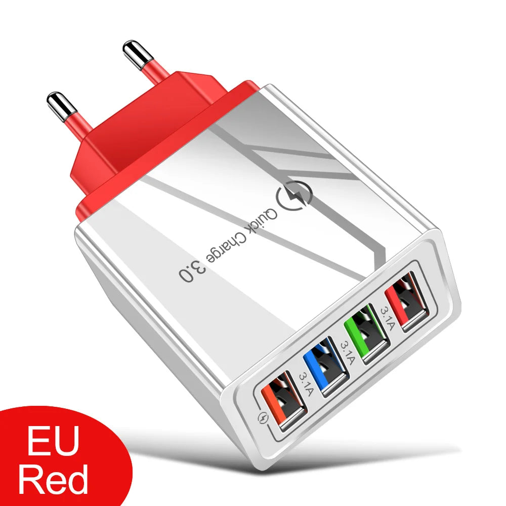 Cargador Pared USB 4 Puertos Quick Charge 3.0 Carga Rápida para iPhone 15/14/Samsung/Xiaomi (Enchufe EU/US)