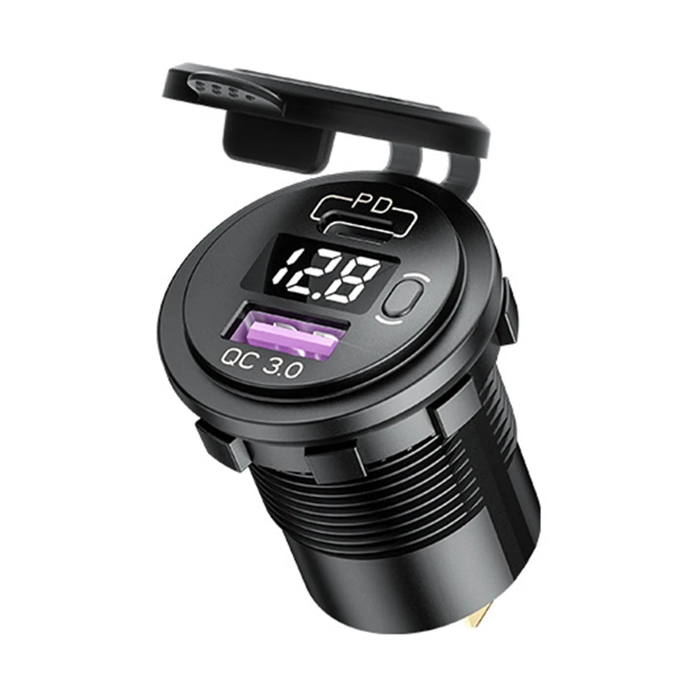 Cargador USB Auto/Camión PD 60W + QC 3.0 con Switch LED Voltímetro 12V/24V Carga Rápida