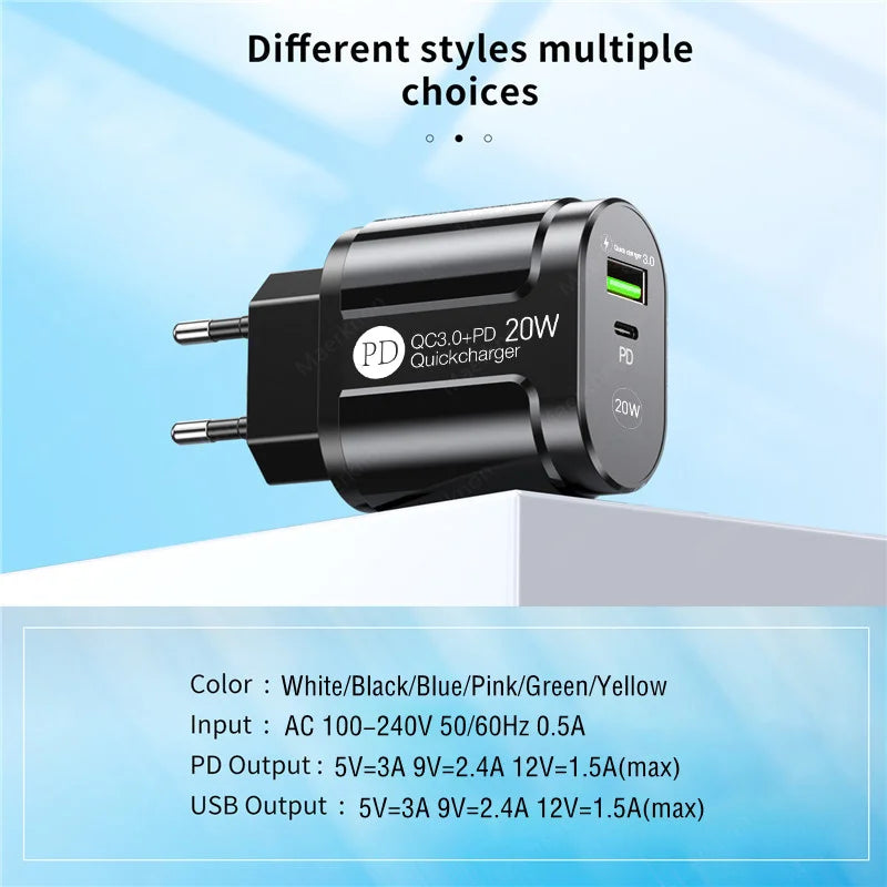 Cargador USB Doble Puerto (Quick Charge 3.0, PD 20W Tipo C) Adaptador Carga Rápida para iPhone 13/12Pro/Huawei/Xiaomi/Samsung