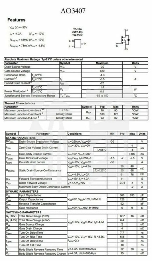 MOSFET Canal-P AO3407 (A79T) SMD SOT-23 -30V 4.3A - Lote 20 Piezas