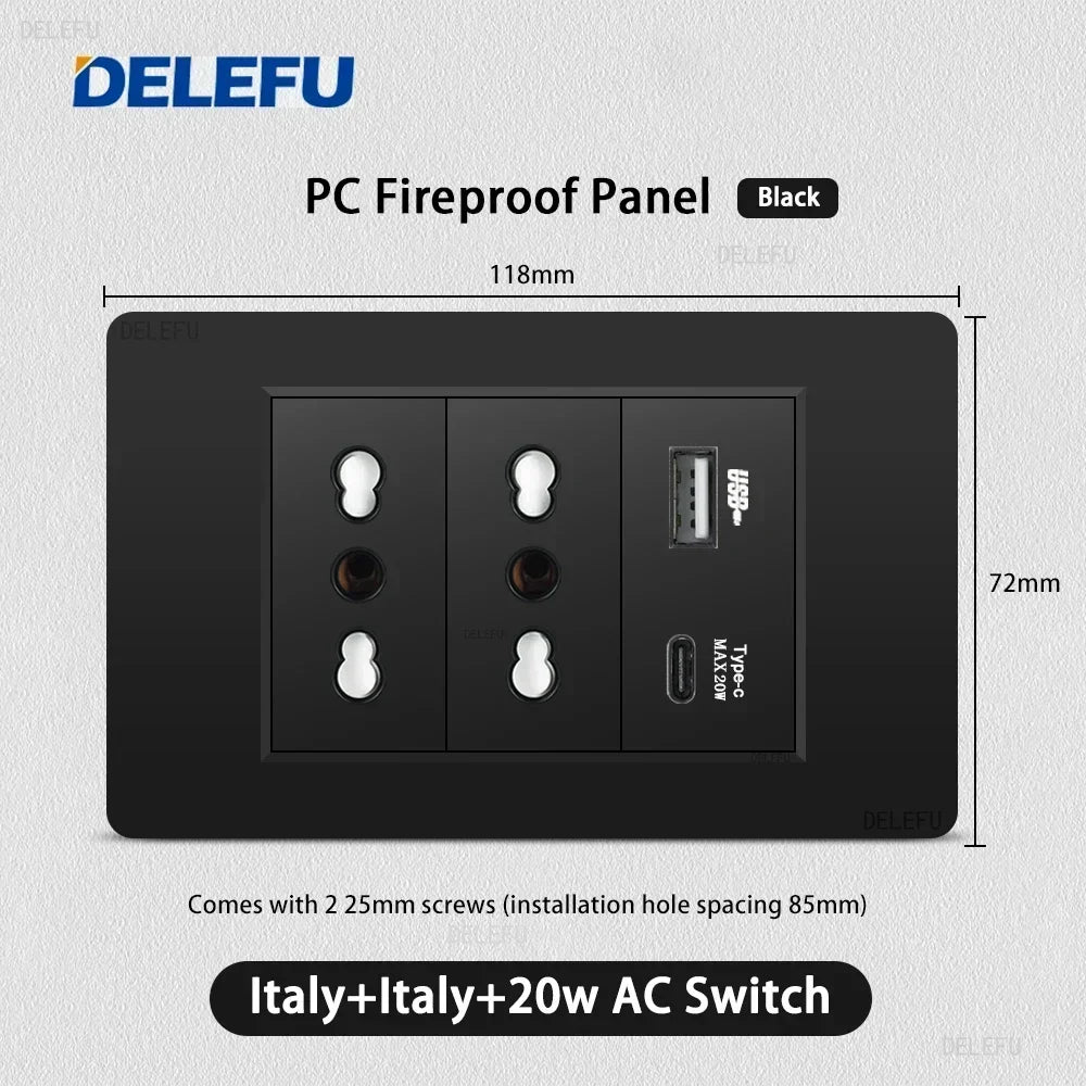 Enchufe Pared Delefu Italia/Chile PC Negro USB-C Carga Rápida + Schuko + Switch Smart Tuya WiFi + SAT/TV/TEL/Timbre