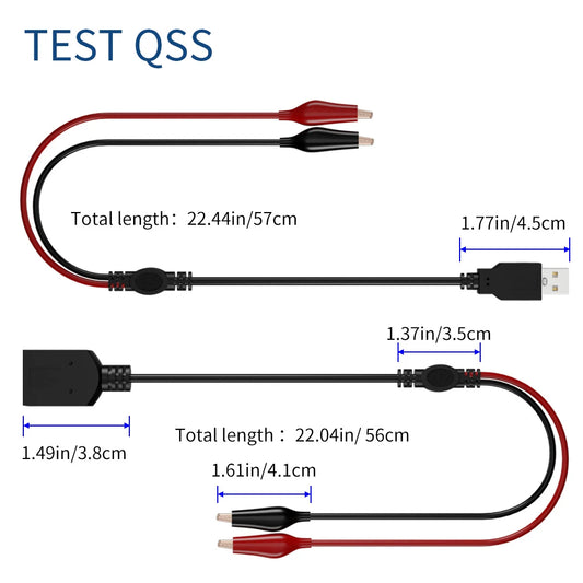 Cable Test QSS (x2) Pinzas Cocodrilo a USB (Macho/Hembra) - Línea Conexión Eléctrica 56cm
