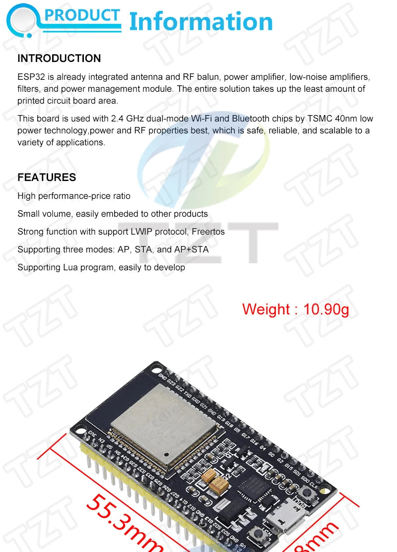 Placa Desarrollo DIYTZT ESP32 (ESP-32/ESP-32S/ESP32-CAM/ESP-WROOM-32) WiFi + Bluetooth Doble Núcleo Bajo Consumo