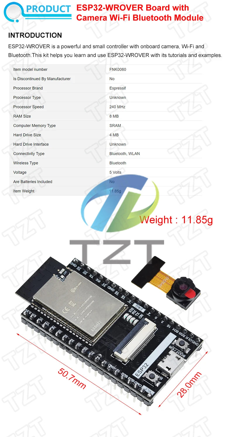 Placa Desarrollo DIYTZT ESP32 (ESP-32/ESP-32S/ESP32-CAM/ESP-WROOM-32) WiFi + Bluetooth Doble Núcleo Bajo Consumo