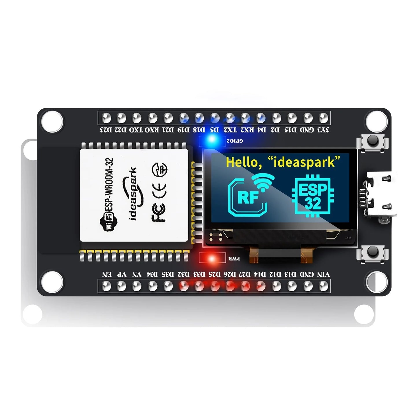 Placa Desarrollo IDEASPARK ESP32 (CH340) con Pantalla OLED 0.96", Módulo Inalámbrico WiFi+BLE, Micro USB para Arduino/Micropython