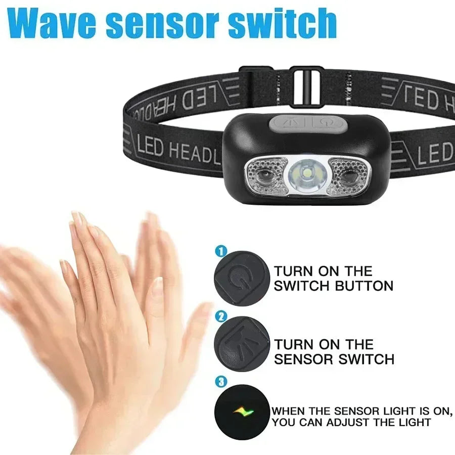 Linterna Frontal LED Portátil Luz Fuerte con Sensor (Recargable USB) para Camping Exterior/Pesca/Emergencia