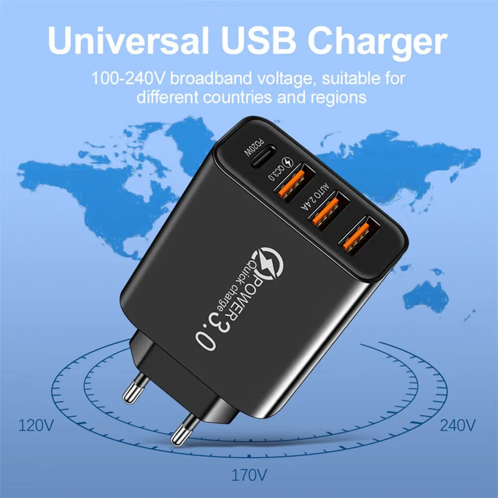 Cargador Rápido USB Tipo C 4 Puertos (QC 3.0, PD) Adaptador Corriente para Móvil iPhone/Samsung/Xiaomi (Negro)
