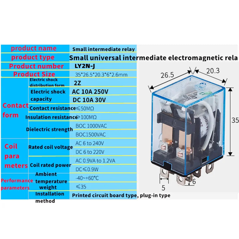 Relé Electromagnético Intermedio LY2NJ/HH62P DPDT 8-Pin 10A 250VAC con Base Zócalo - Bobina (12VDC/24VDC/110VAC/220VAC)