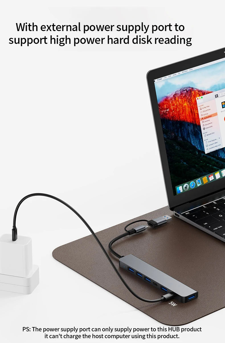 Hub Extensor USB-C a USB 3.0 Aluminio 7 en 1 (1x USB 3.0, 4x USB 2.0, 2x USB-C) Distribuidor USB
