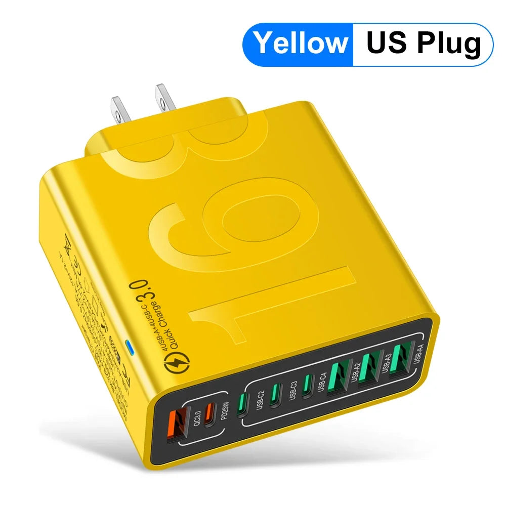 Cargador Pared USB Tipo C Múltiple 8 Puertos Alta Velocidad Carga Rápida PD para iPhone 15/Xiaomi/Huawei
