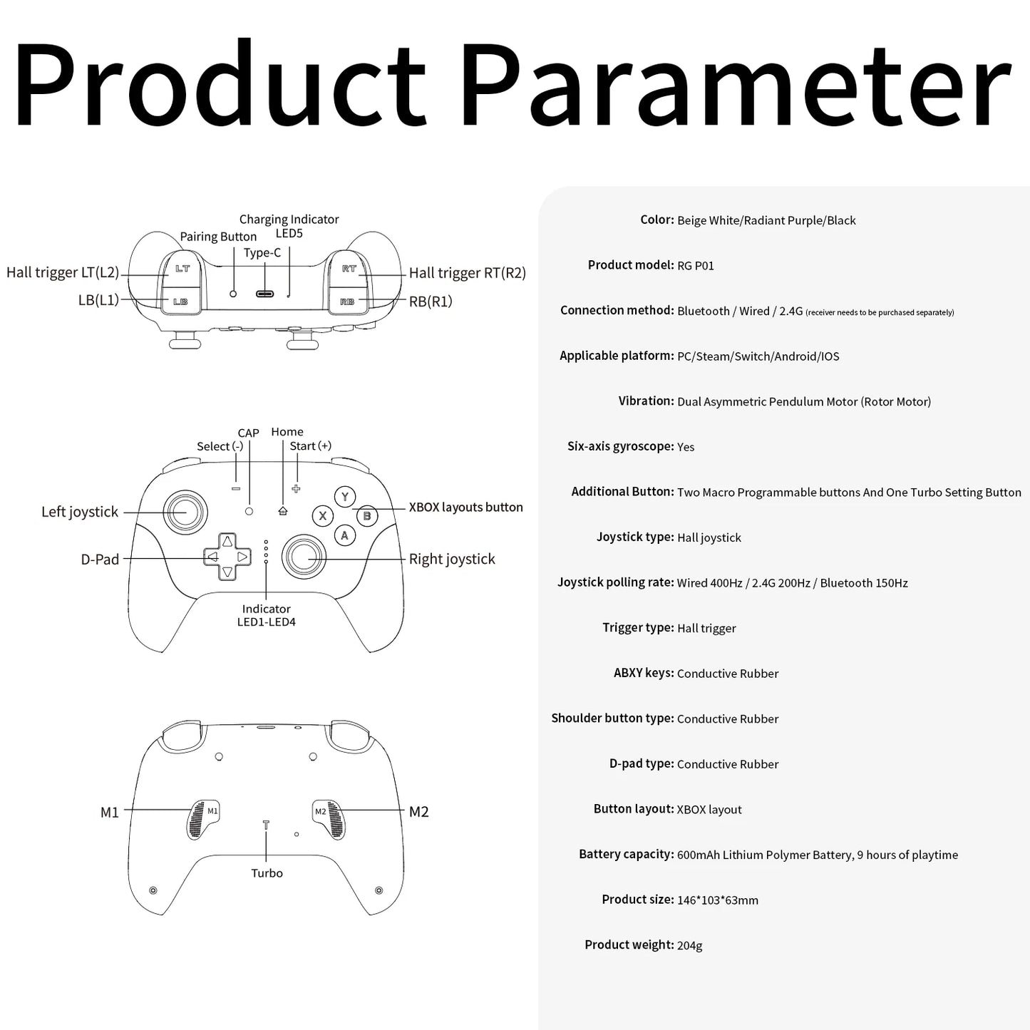 Gamepad ANBERNIC RG P01/RGP01 Bluetooth/Cableado con Joystick Efecto Hall RGB para Switch/PC/Steam/Android/iOS