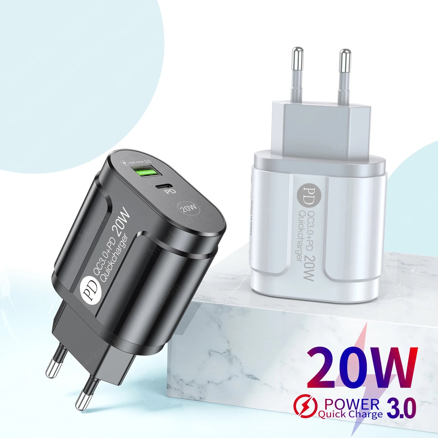 Cargador USB Doble Puerto (Quick Charge 3.0, PD 20W Tipo C) Adaptador Carga Rápida para iPhone 13/12Pro/Huawei/Xiaomi/Samsung