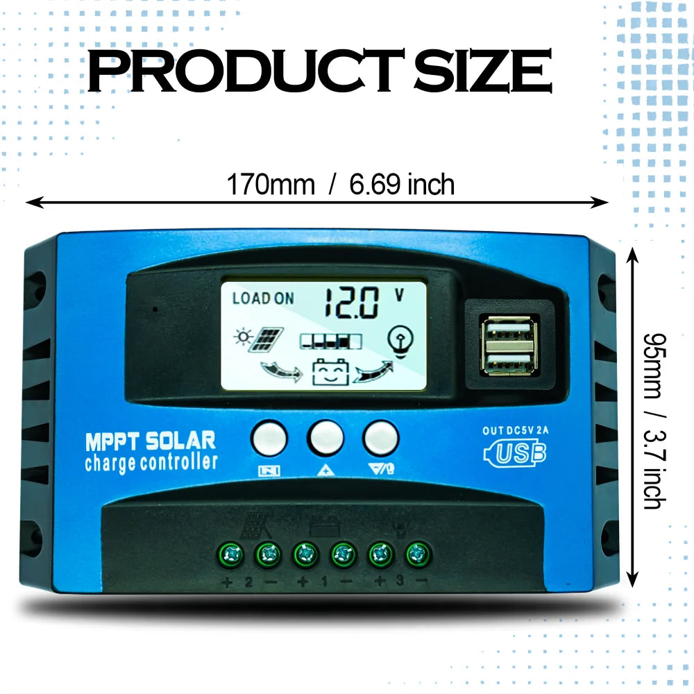 Controlador Carga Solar MPPT 30A-100A 12V/24V Dual USB LCD Regulador con Carga Panel Batería