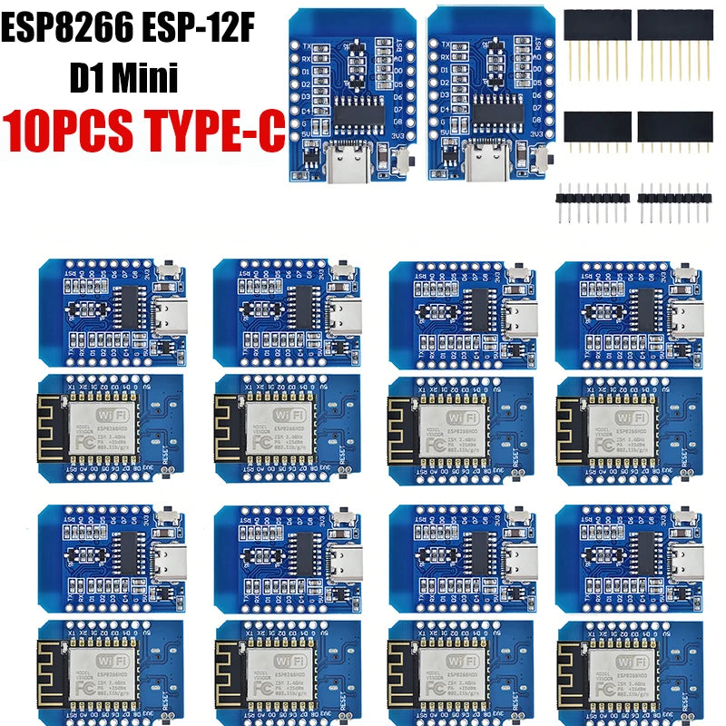 Lote 1-10 Pcs Módulo Wemos D1 Mini WiFi ESP8266 (ESP-12F) CH340G V2 USB-C/Micro Placa Desarrollo 3.3V + Pines Arduino