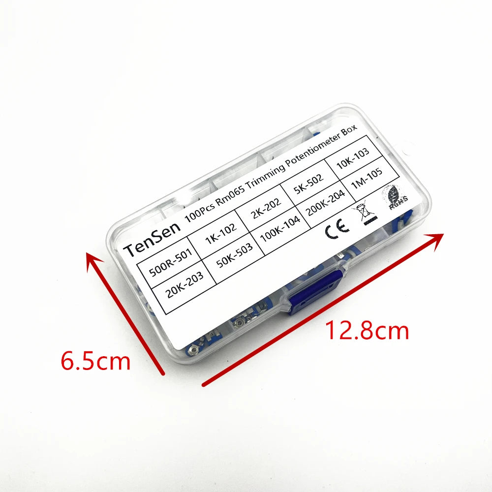 100Pcs/Box RM065 Carbon Film Horizontal Trimpot Potentiometer Assortment Kit 10 Values Variable Resistor 500R 1K 2K 5K 10K -1M