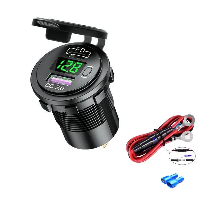 Cargador USB Auto/Camión PD 60W + QC 3.0 con Switch LED Voltímetro 12V/24V Carga Rápida