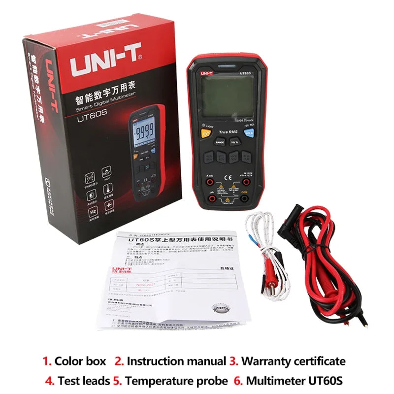 Multímetro Digital Inteligente UNI-T UT60S / UT60BT (Bluetooth) - True RMS, Tester Voltaje 1000V AC/DC, Amperímetro, Frecuencímetro