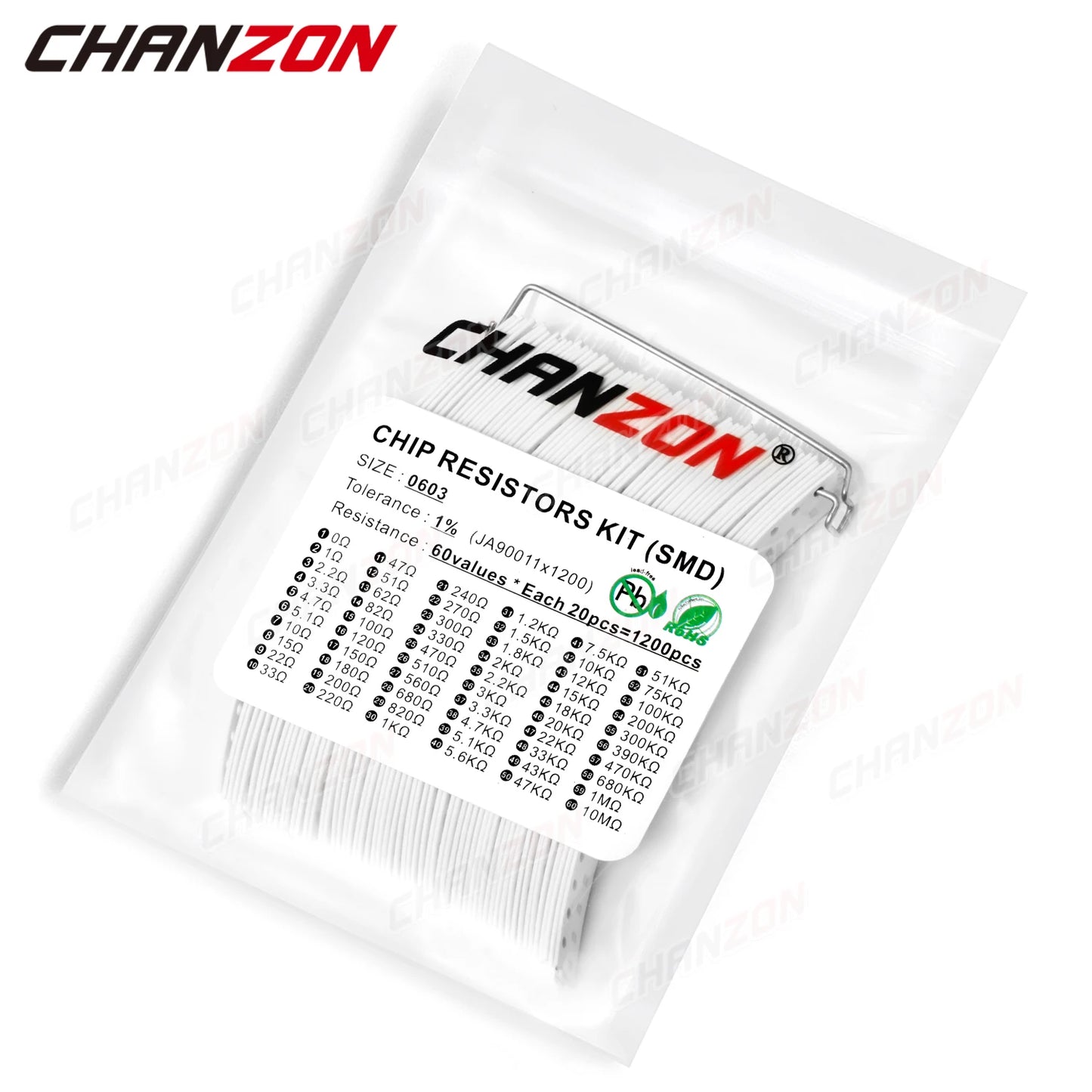 Kit Surtido Resistencias Chip SMD 0603 1% 1/10W - 60 Valores (0Ω a 10MΩ) (Total 1200 Piezas)