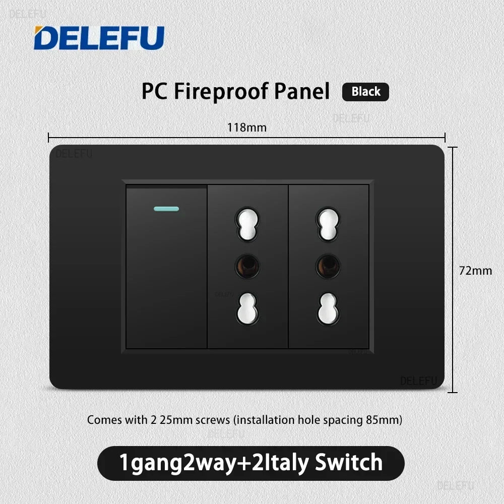 Enchufe Pared Delefu Italia/Chile PC Negro USB-C Carga Rápida + Schuko + Switch Smart Tuya WiFi + SAT/TV/TEL/Timbre