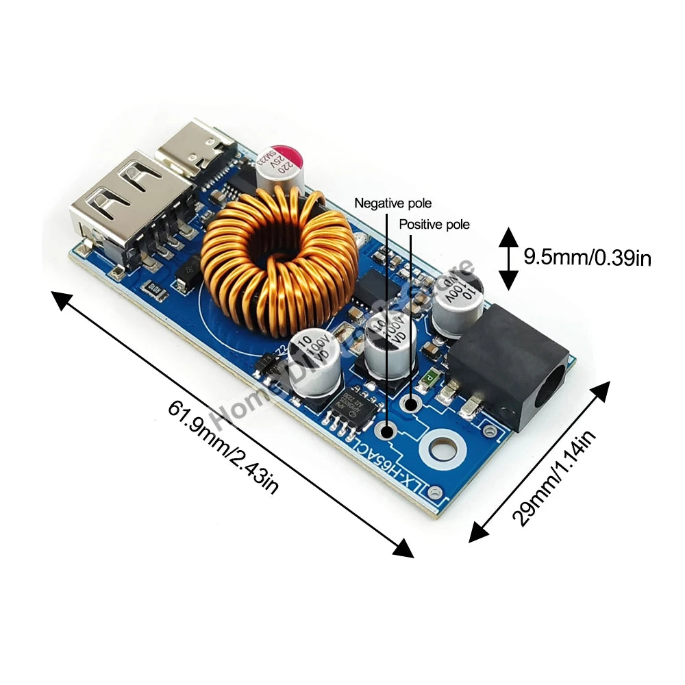 Módulo Adaptador Carga Rápida Doble USB (USB-A QC3.0 + USB-C PD) 65W DC 12V-96V Step-Down Apple/Huawei SCP/FCP