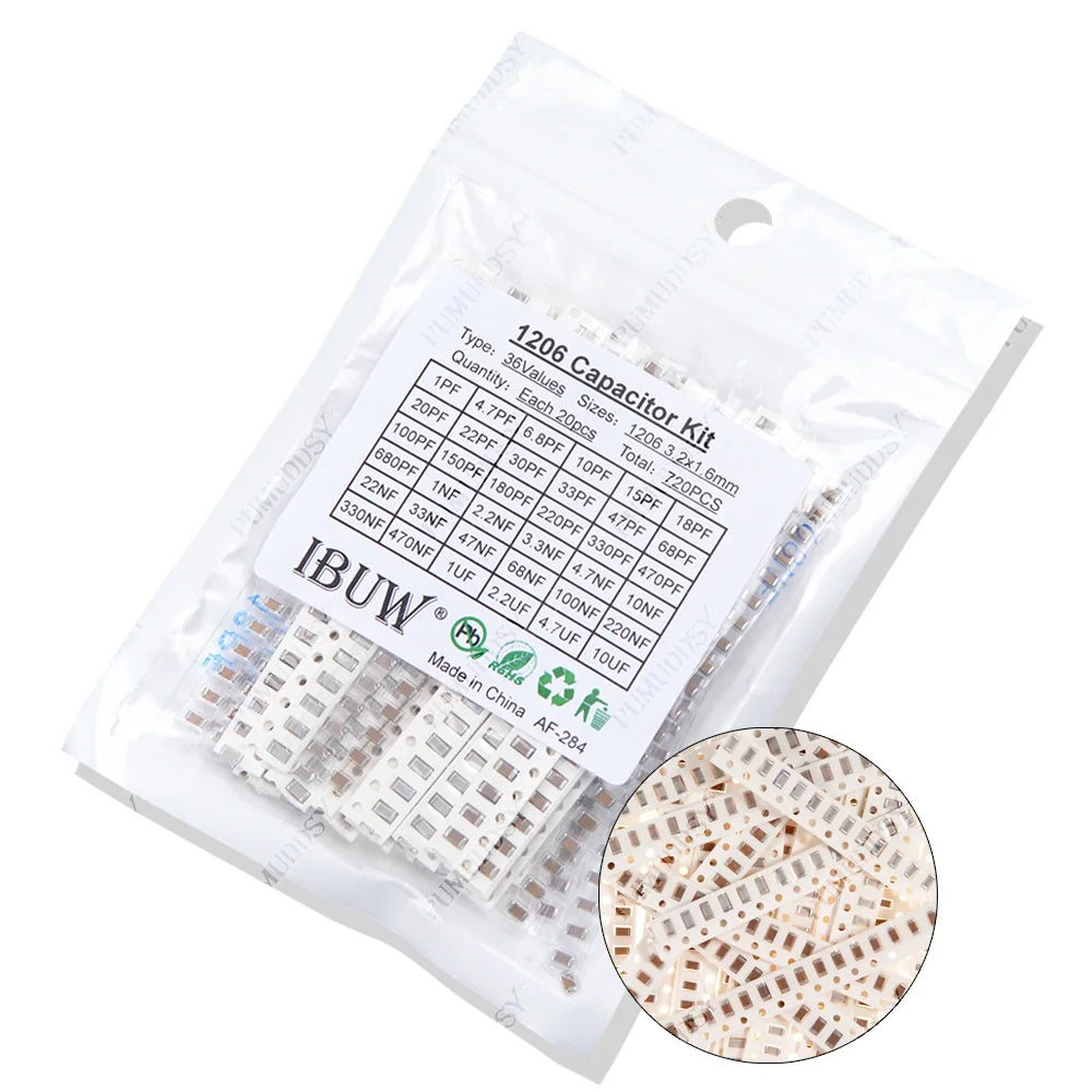 Kit Surtido Capacitor SMD (0603/0805/1206, 1pF-1uF, Varios Formatos: 16/36/50 Valores, 320/720/2500 Piezas)