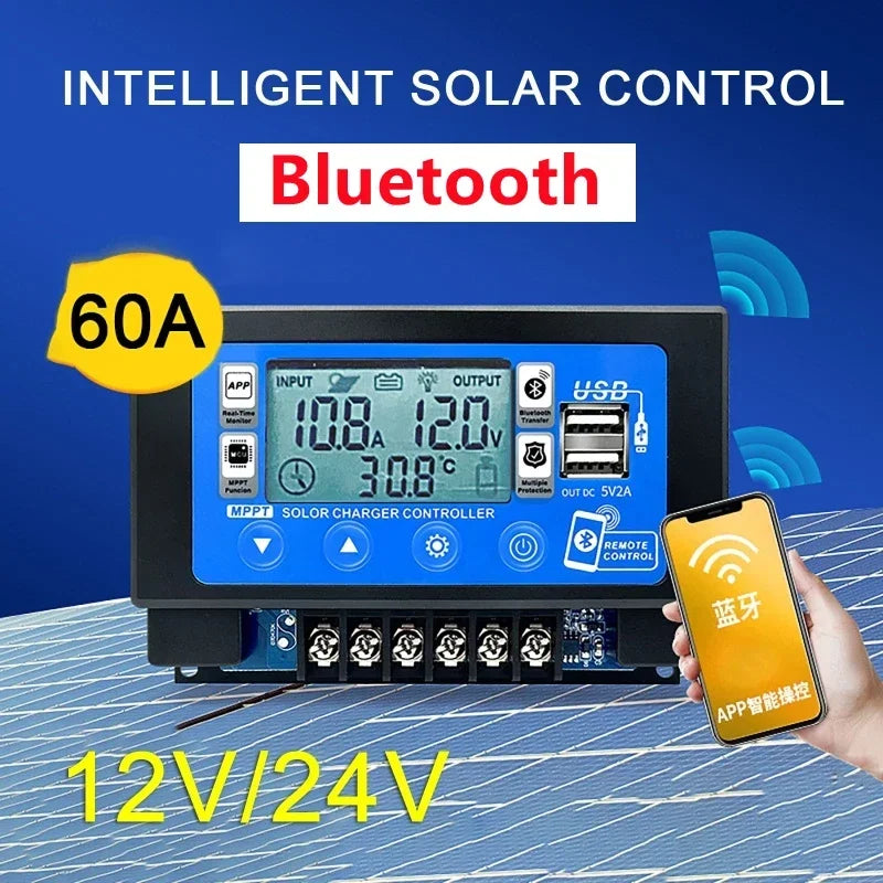 Controlador Carga Solar MPPT 30A/60A 12V/24V LCD Display Bluetooth/WiFi Snap-On Almacenamiento Energía
