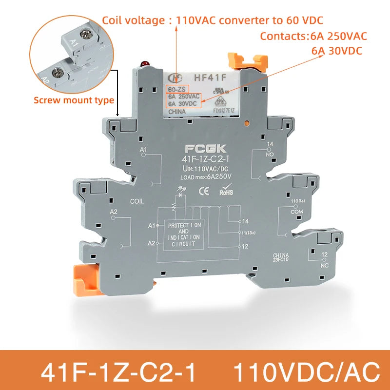 Módulo Relé Delgado DIN Rail 41F-1Z-C4-1 PCB con Socket Holder 12V/24V AC/DC / 220V AC 6.2mm