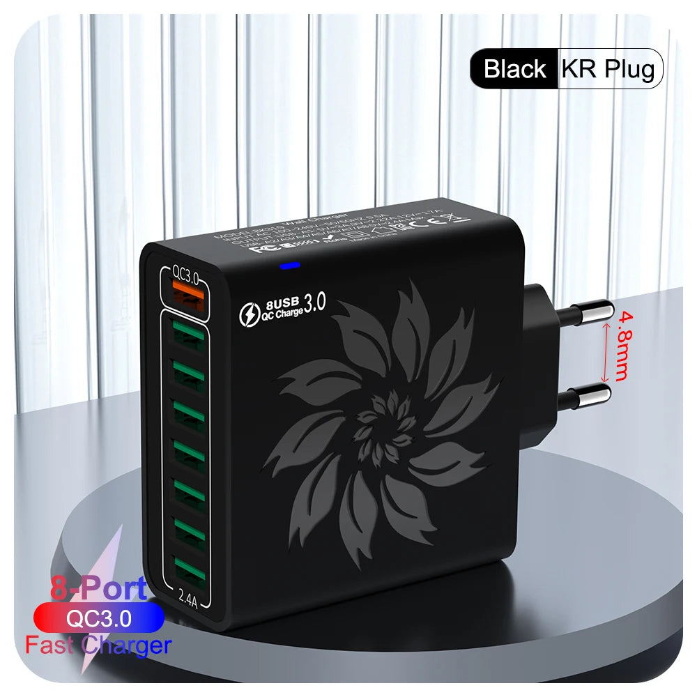 Cargador Rápido USB 8 Puertos QC5.0 120W Adaptador Corriente Enchufe EU/US/KR para iPhone 13/14/15/Xiaomi/Samsung