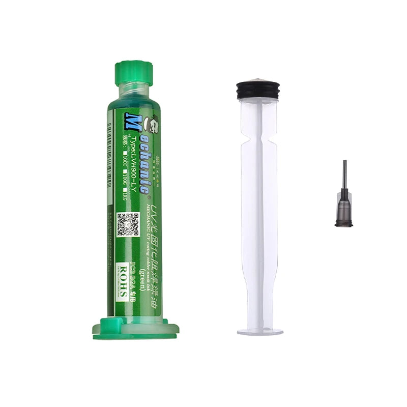 Tinta Máscara Soldadura UV Curado Luz 3 en 1 MECHANIC (Verde) para Reparación Placa Circuito PCB BGA (Previene Corrosión/Arcos)