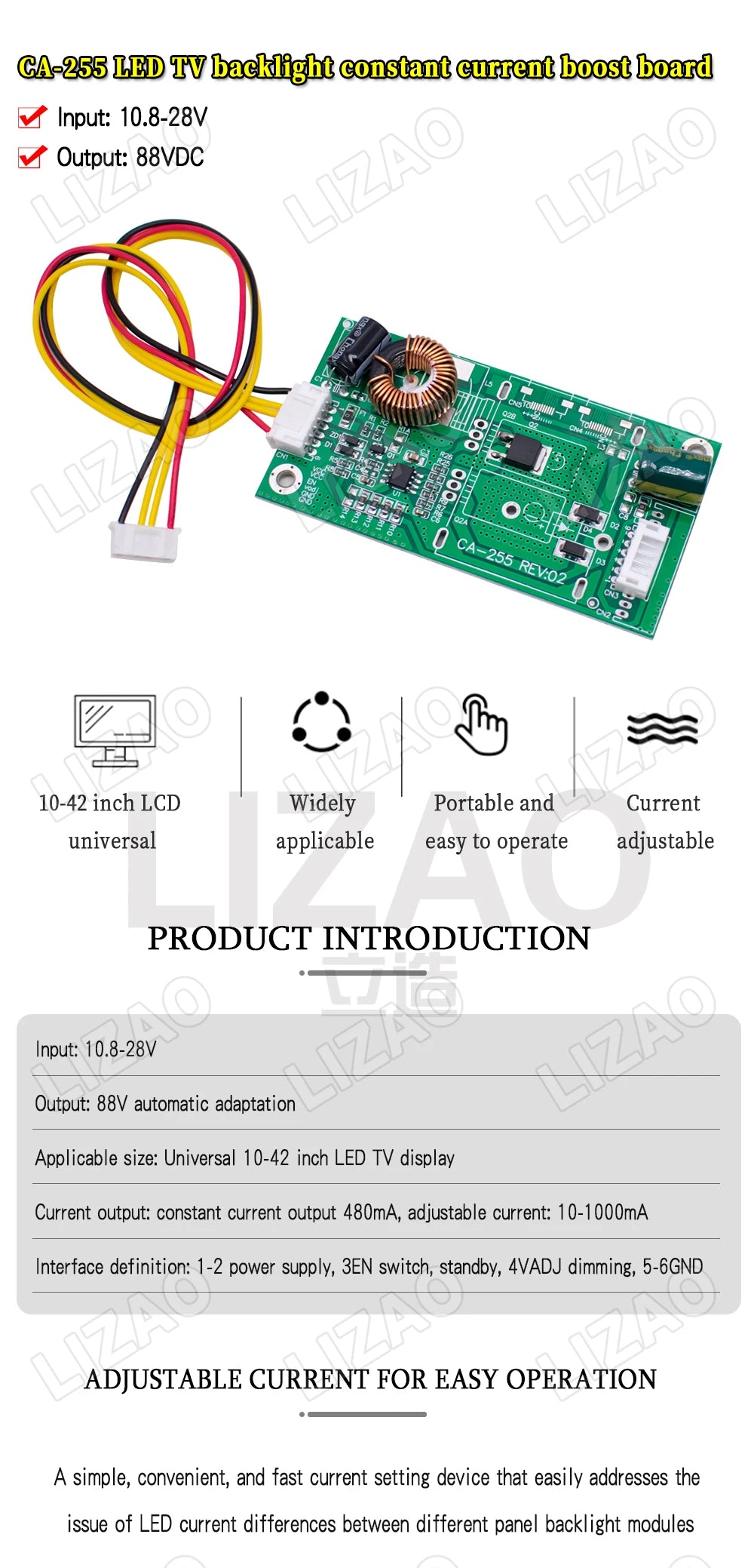 Placa Driver Backlight LED Universal CA-255 10-48" Inverter Boost Módulo Step-Up