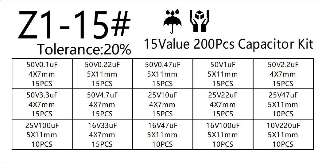 Kit Surtido Capacitores Electrolíticos Radiales 15 Valores (10V-50V, 0.1uF-220uF) (Lote 200 Unidades)