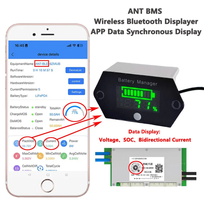 Display Lector BMS Inalámbrico Bluetooth ANT - Pantalla Indicadora Voltaje/Capacidad Batería Litio