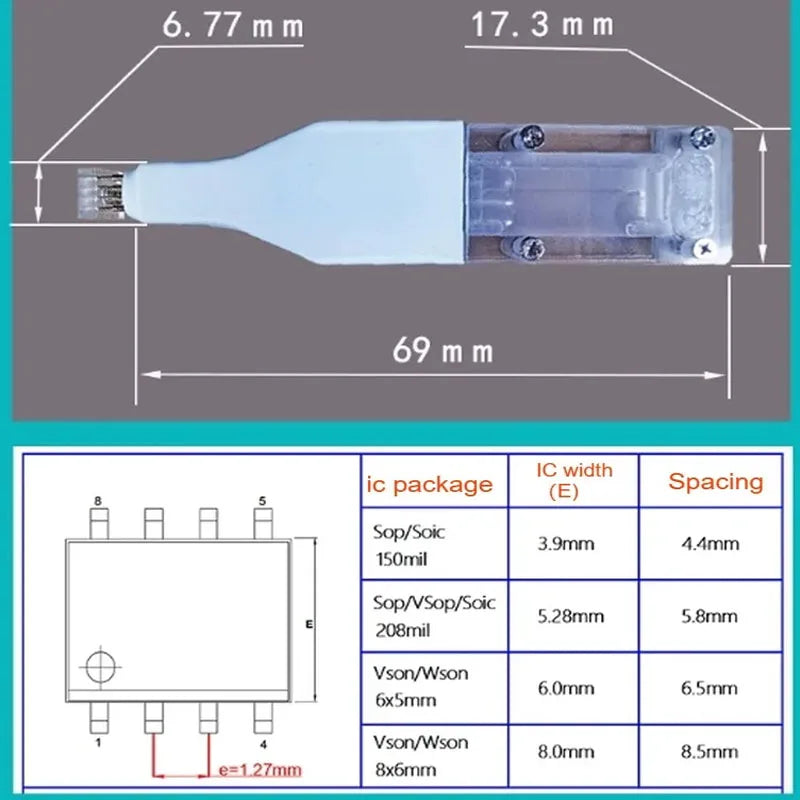 Cable Sonda Programación/Grabación Chip SIOC8/SOP8/WSON8/QDFN8/VSOP8/VSOIC8 Aguja Resorte