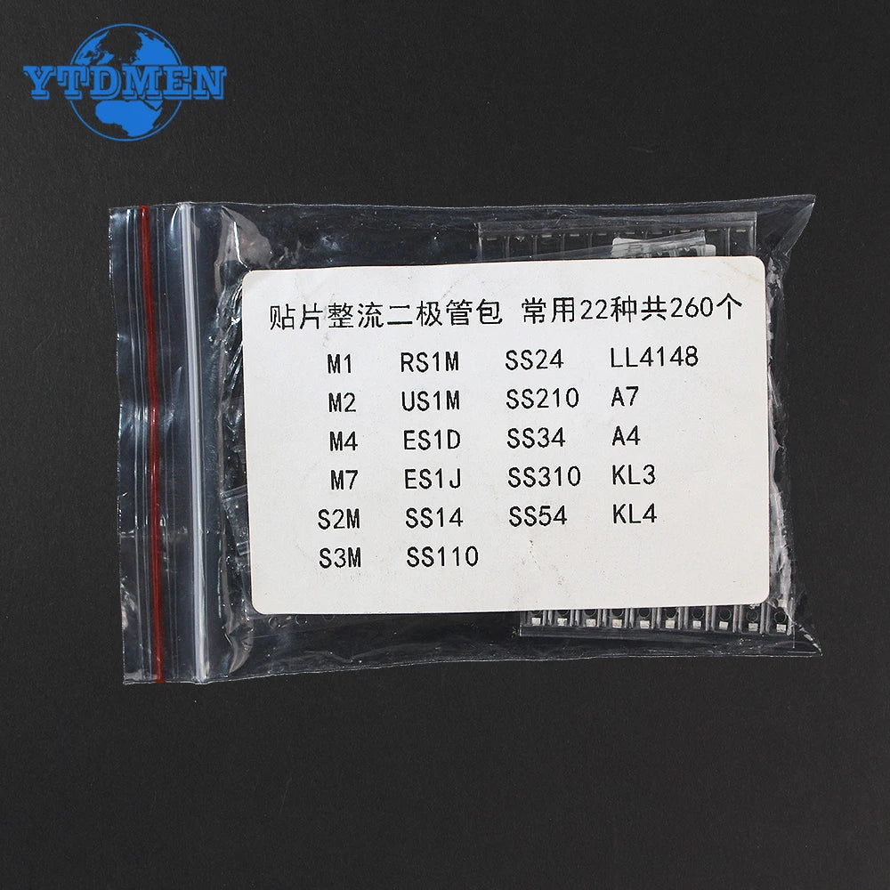 Kit Surtido Diodos Rectificadores SMD (Schottky/Switching) M1/M4/M7/SS14/SS24/RS1M/US1M/SS34/SS54/BAT54C/BAT54S/LL4148 (260 Piezas)