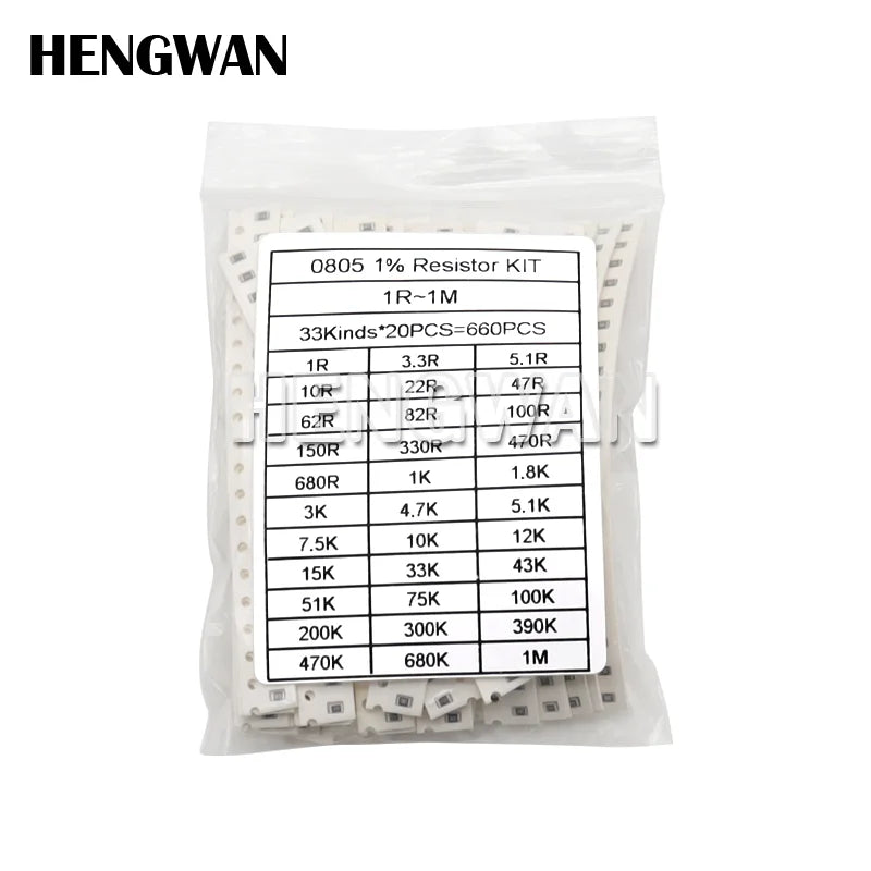 Kit Surtido Resistencias SMD 1% (0201-1206, 33 Valores x 20pcs = 660pcs, 1R-1M Ohm) Set Resistencia